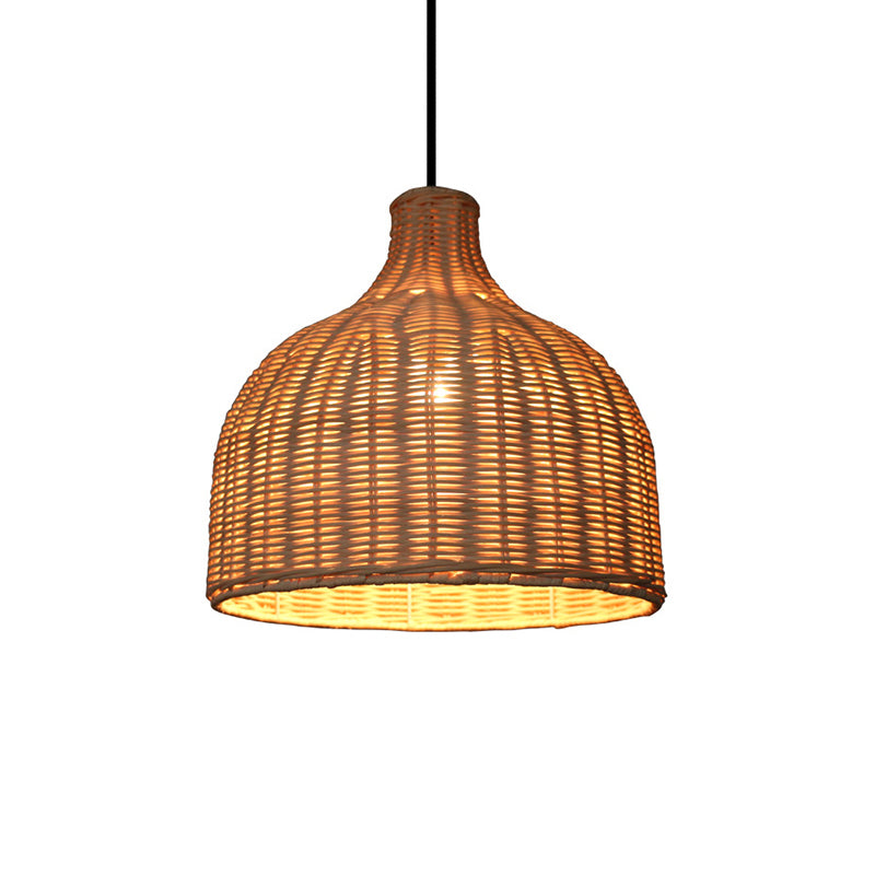 Rattan Bell Shaded Pendant Light Contemporary Single-Bulb Wood Suspension Lighting Fixture