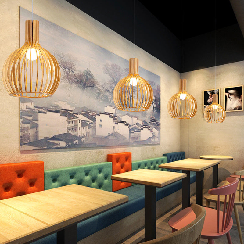 South-east Asia Shaded Ceiling Light Wood Single Restaurant Hanging Pendant Lighting