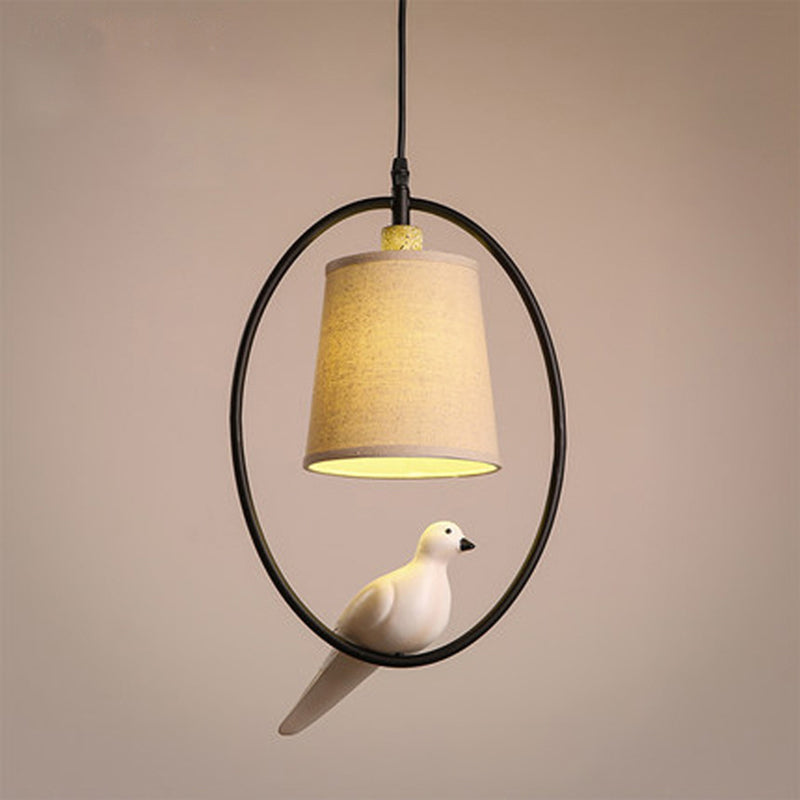 Vintage Bucket Ceiling Light Fabric Hanging Pendant Light with Resin Bird Decor in White