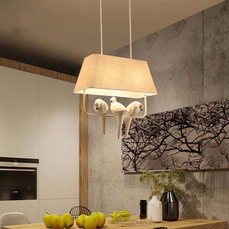 Trapezoid Fabric Pendant Light Traditional Dining Room Suspension Light Fixture with Resin Bird in Beige