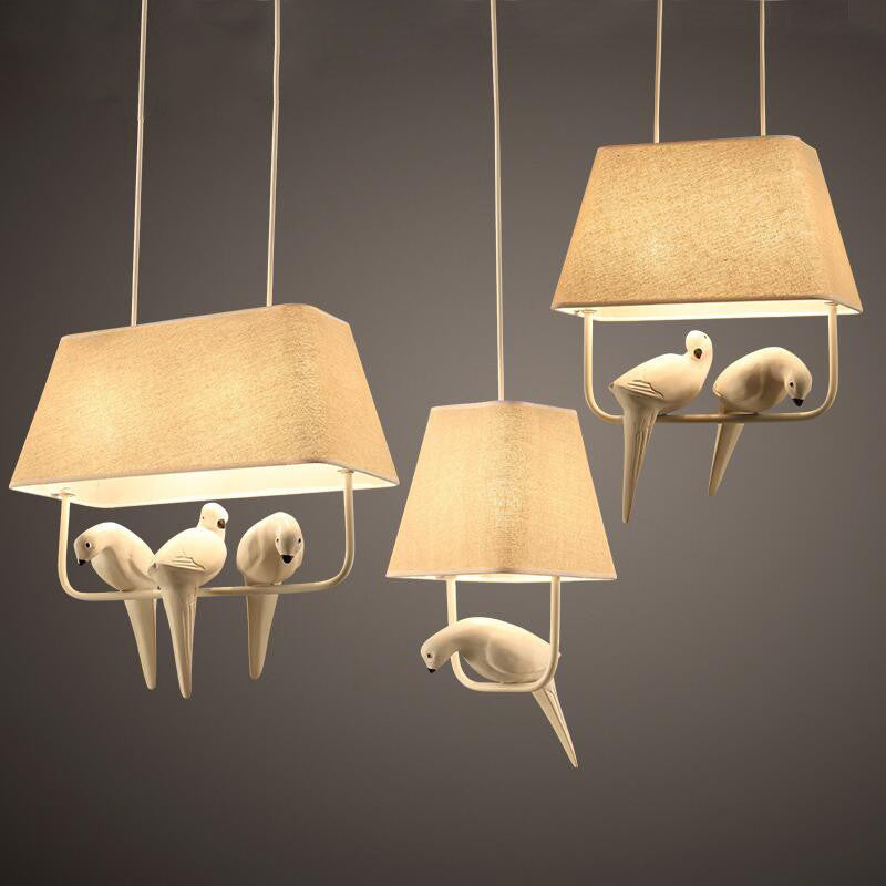 Trapezoid Fabric Pendant Light Traditional Dining Room Suspension Light Fixture with Resin Bird in Beige