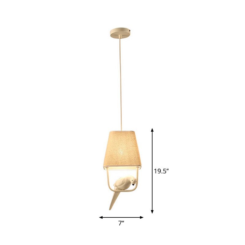 Trapezoid Fabric Pendant Light Traditional Dining Room Suspension Light Fixture with Resin Bird in Beige