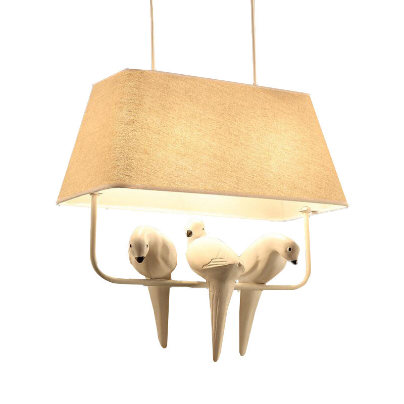 Trapezoid Fabric Pendant Light Traditional Dining Room Suspension Light Fixture with Resin Bird in Beige