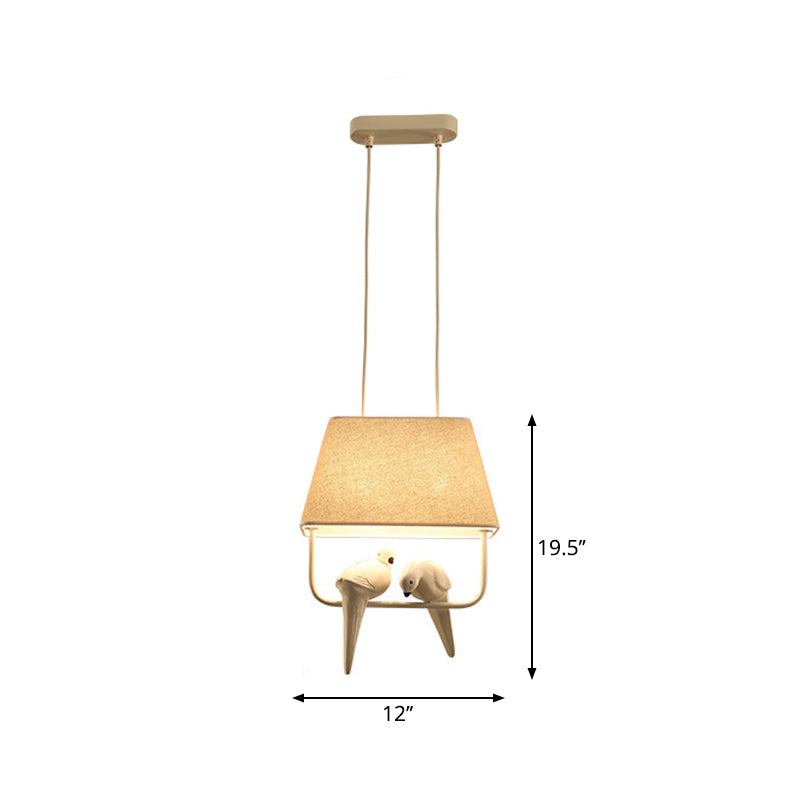 Trapezoid Fabric Pendant Light Traditional Dining Room Suspension Light Fixture with Resin Bird in Beige