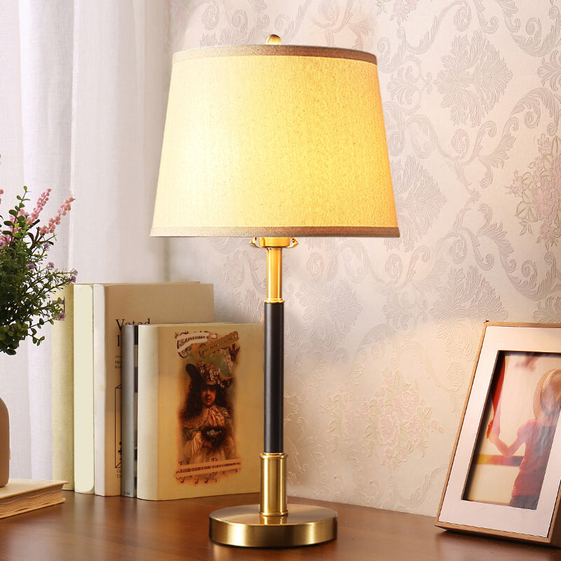 Vintage Tapered Table Light Single-Bulb Fabric Nightstand Lamp in Brass for Bedside