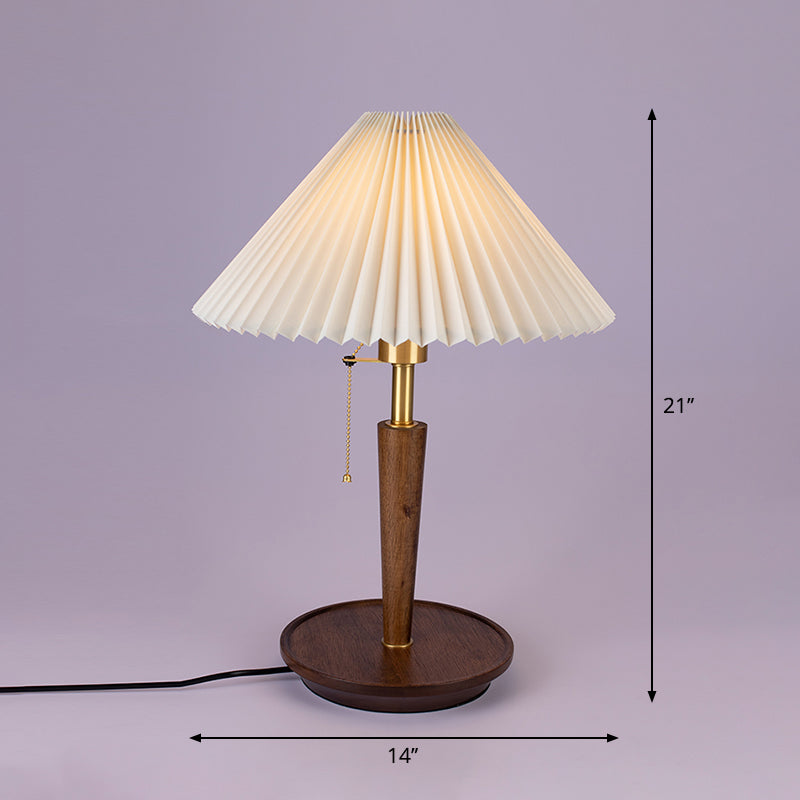 Cone Pleated Fabric Nightstand Lamp Minimalism 1-Light Living Room Table Light with Pull Chain in White