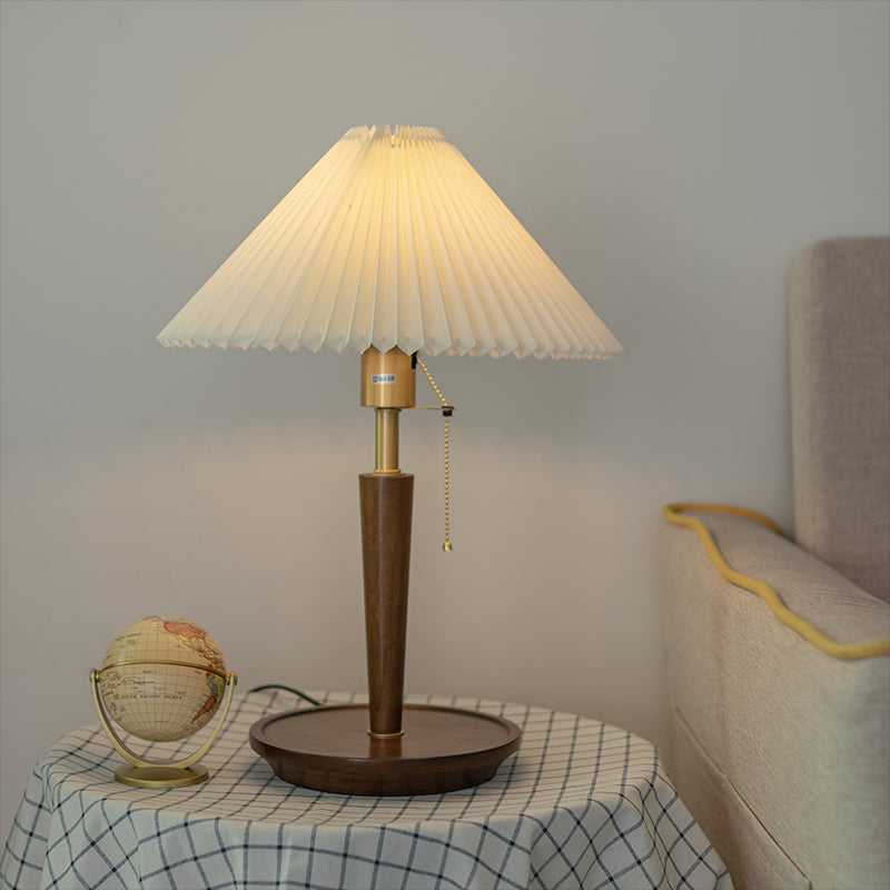 Cone Pleated Fabric Nightstand Lamp Minimalism 1-Light Living Room Table Light with Pull Chain in White