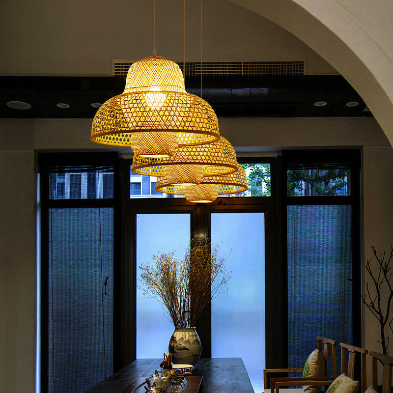 Rattan Hot Pot-Shaped Suspension Lighting Minimalist 1 Head Wood Pendant Ceiling Light