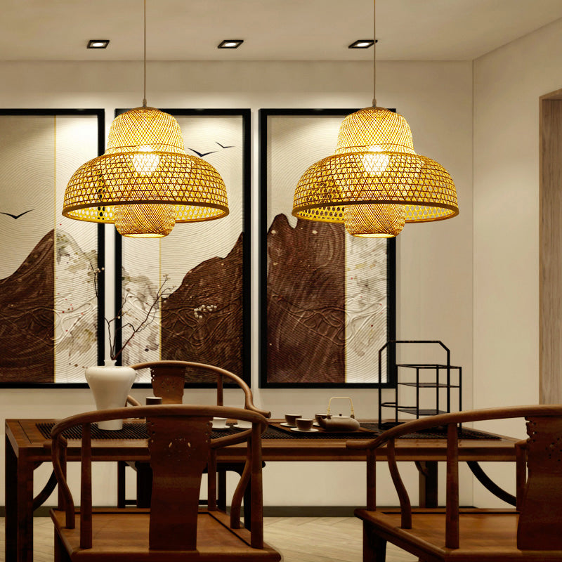 Rattan Hot Pot-Shaped Suspension Lighting Minimalist 1 Head Wood Pendant Ceiling Light