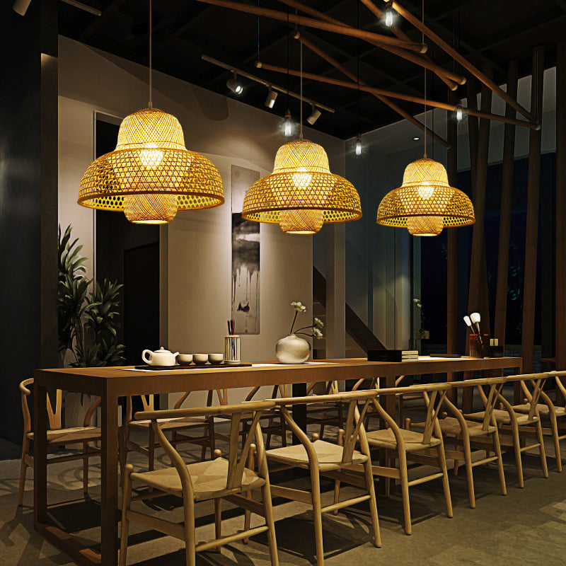 Rattan Hot Pot-Shaped Suspension Lighting Minimalist 1 Head Wood Pendant Ceiling Light