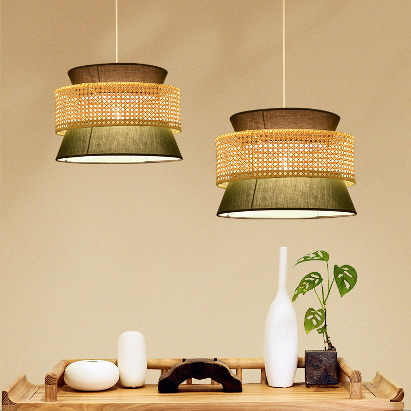 Tiered Rattan Suspension Light Simplicity Single Blackish Green Pendant Light Fixture