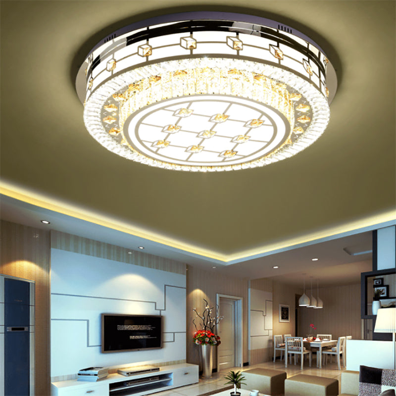 Plafonnier LED moderniste en cristal à tambour de 23,5 / 31,5 po de diamètre, encastré, chromé, avec diffuseur, pour le salon