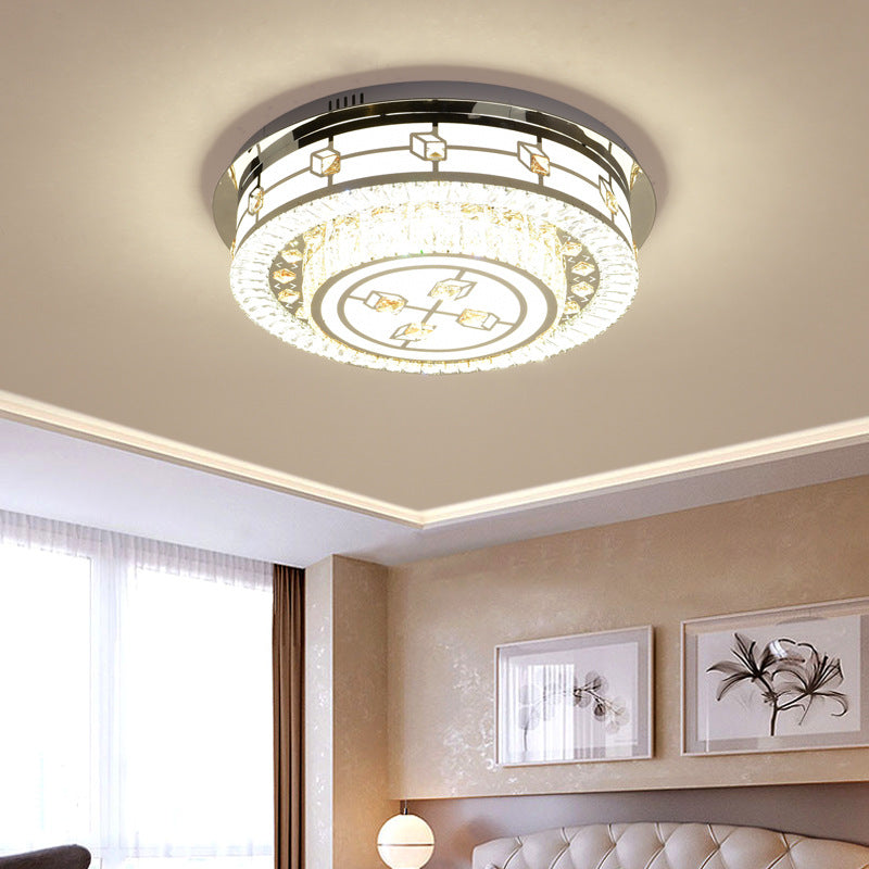 Plafonnier LED moderniste en cristal à tambour de 23,5 / 31,5 po de diamètre, encastré, chromé, avec diffuseur, pour le salon