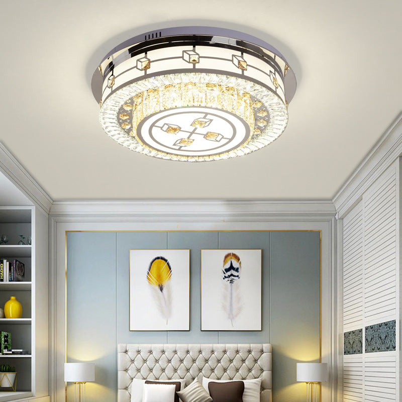 Plafonnier LED moderniste en cristal à tambour de 23,5 / 31,5 po de diamètre, encastré, chromé, avec diffuseur, pour le salon