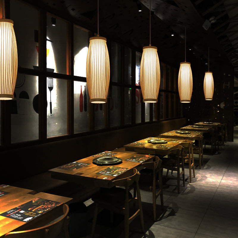 Elongated Oval Bamboo Ceiling Light Modern Single Wood Hanging Pendant Light for Restaurant