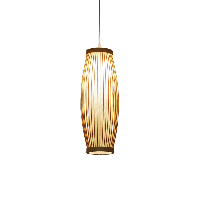 Elongated Oval Bamboo Ceiling Light Modern Single Wood Hanging Pendant Light for Restaurant