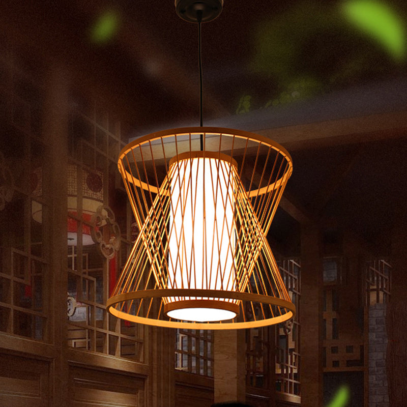 Wood Hourglass Shaded Suspension Light Simplicity 1-Light Bamboo Pendant Light Fixture