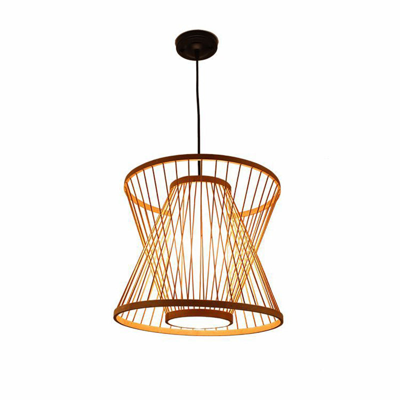 Wood Hourglass Shaded Suspension Light Simplicity 1-Light Bamboo Pendant Light Fixture