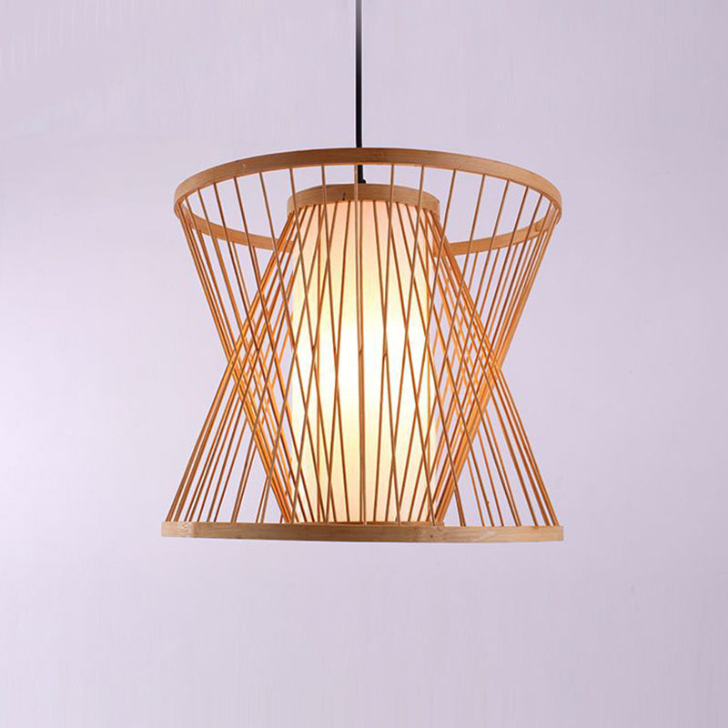 Wood Hourglass Shaded Suspension Light Simplicity 1-Light Bamboo Pendant Light Fixture