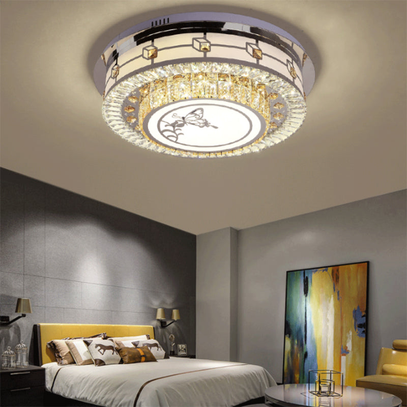 23,5 "/31.5" W Ronde Crystal Flush Mount Licht Hedendaagse Led Chrome Plafond Gemonteerde Armatuur Met Vlinder Patroon