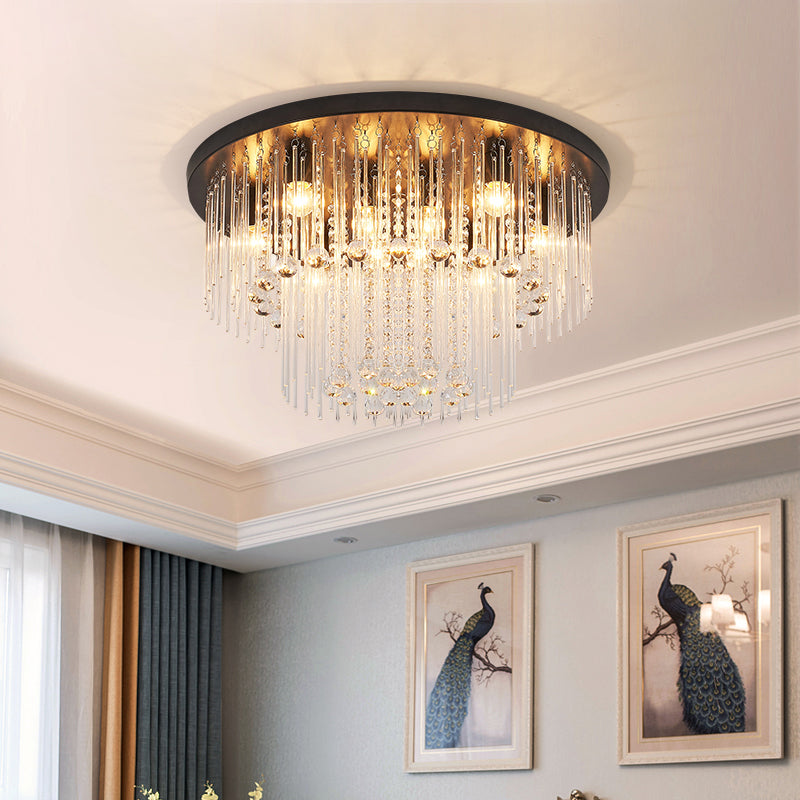 Black Tiered Flush Ceiling Light Modernist 19.5"/23.5" Dia 8-Light Crystal Ceiling Lamp