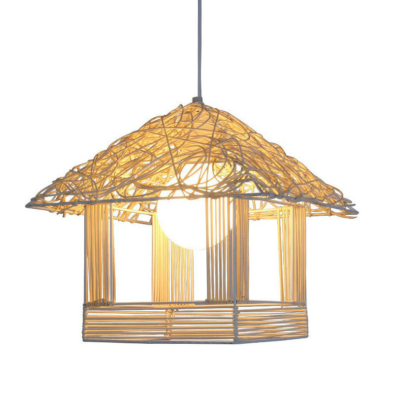 House Shaped Tea Room Pendant Light Bamboo Single-Bulb Contemporary Suspension Light Fixture