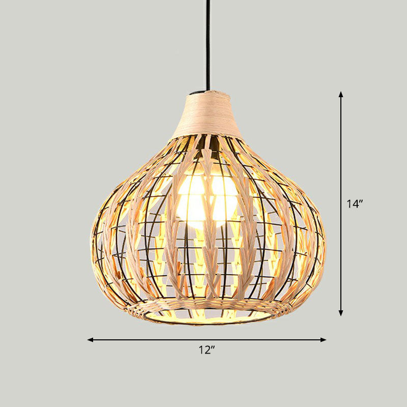 Bamboo Shaded Pendant Light Contemporary Single-Bulb Suspension Light Fixture in Wood