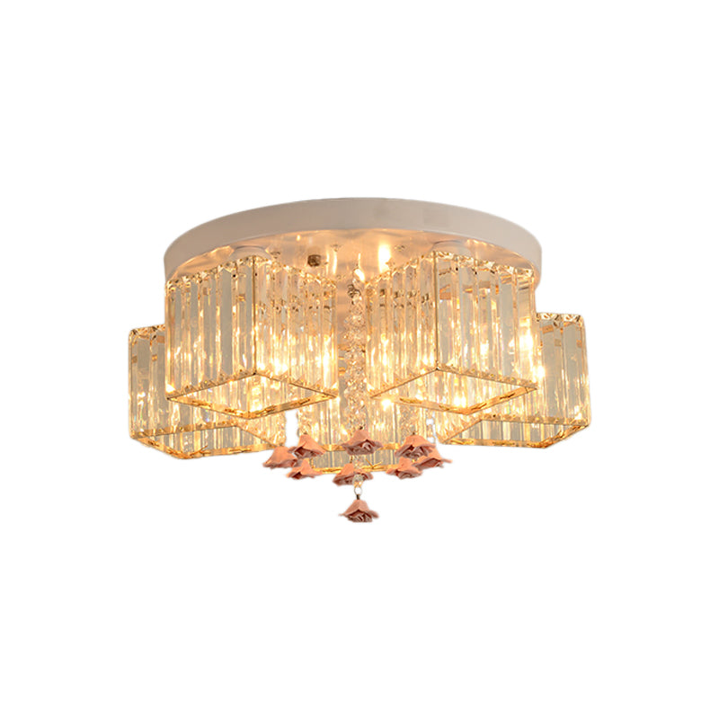 19.5"/23.5" Dia Modern Cubic Flush Light Crystal 5/6 Heads Living Room Ceiling Flush Mount with Pink Rose Draping