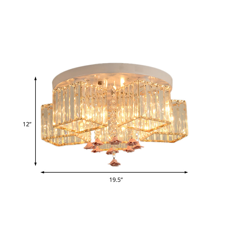 19.5"/23.5" Dia Modern Cubic Flush Light Crystal 5/6 Heads Living Room Ceiling Flush Mount with Pink Rose Draping