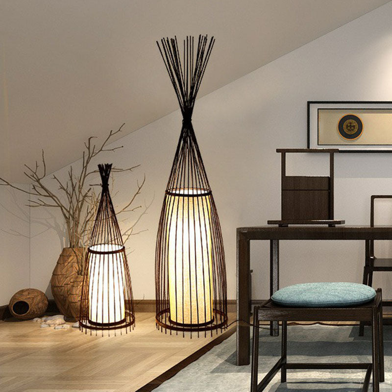 Southeast Asia Conical Stand Up Lamp Bamboo Single Living Room Floor Lighting with Cylinder Diffuser