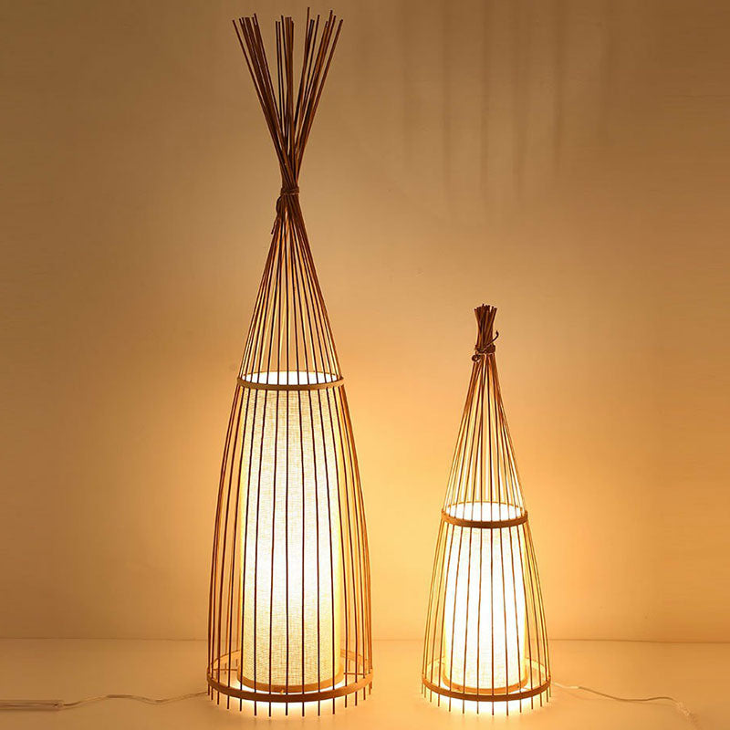 Southeast Asia Conical Stand Up Lamp Bamboo Single Living Room Floor Lighting with Cylinder Diffuser