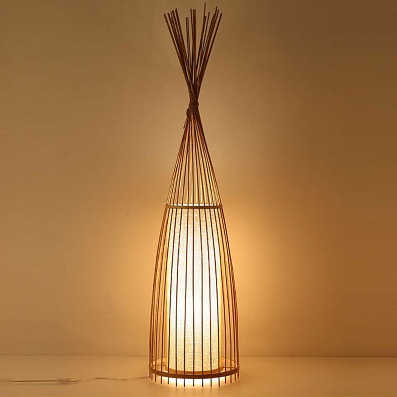 Southeast Asia Conical Stand Up Lamp Bamboo Single Living Room Floor Lighting with Cylinder Diffuser