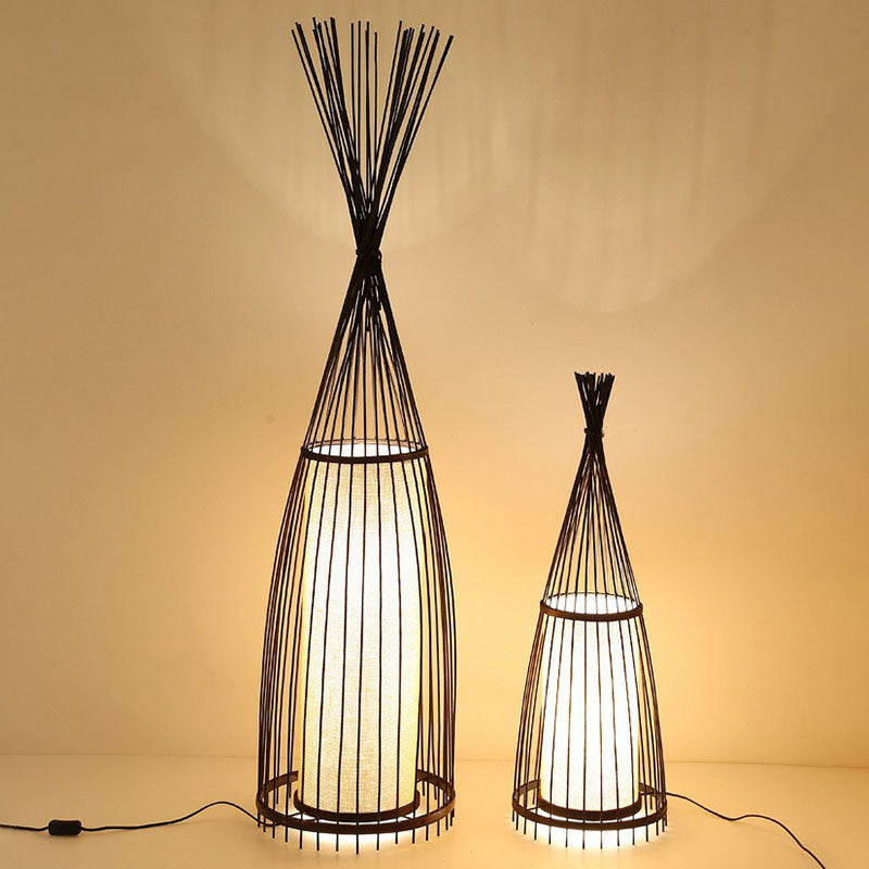 Southeast Asia Conical Stand Up Lamp Bamboo Single Living Room Floor Lighting with Cylinder Diffuser