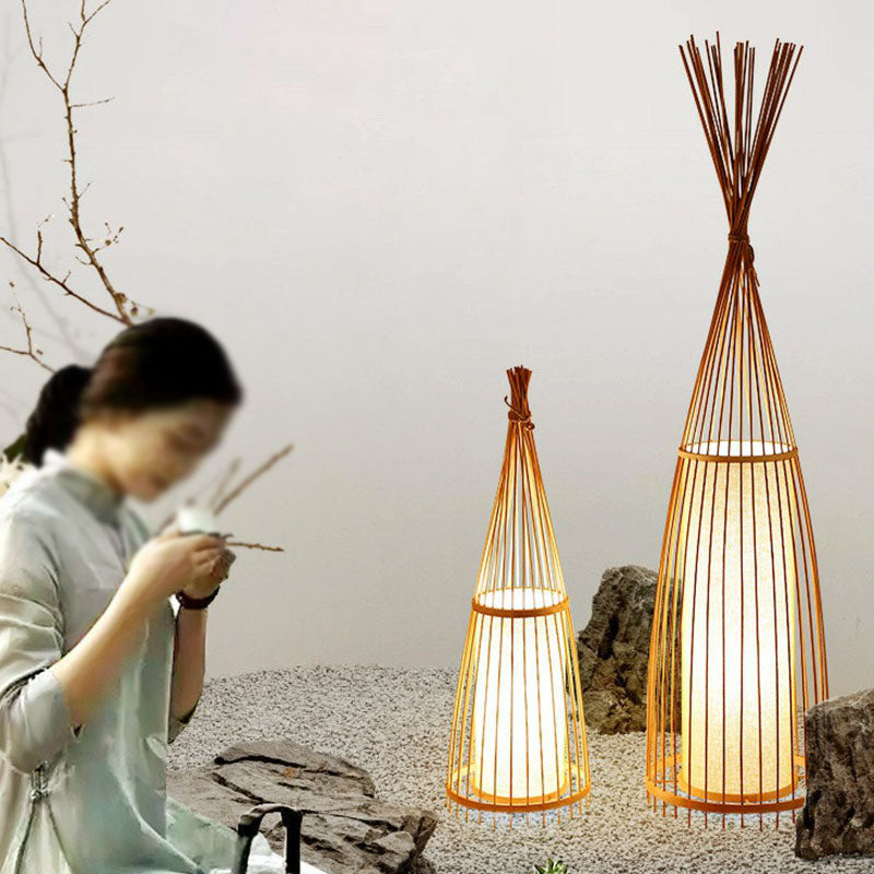 Southeast Asia Conical Stand Up Lamp Bamboo Single Living Room Floor Lighting with Cylinder Diffuser