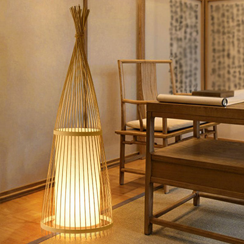 Tapered Floor Lamp Contemporary Bamboo Single-Bulb Tea Room Standing Lighting in Wood