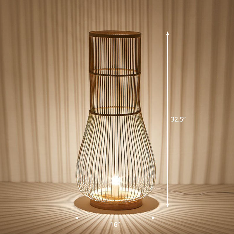 Fish Trap Bamboo Standing Light Minimalist Single-Bulb Brown Floor Lighting for Restaurant