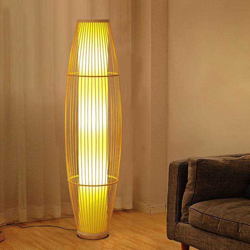 Elongated Oval Stand Up Lamp Asia Bamboo 3 Heads Wood Floor Lighting for Living Room