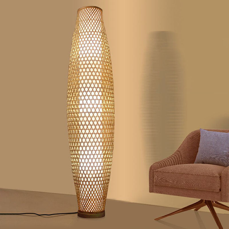 Elongated Oval Stand Up Lamp Asia Bamboo 3 Heads Wood Floor Lighting for Living Room