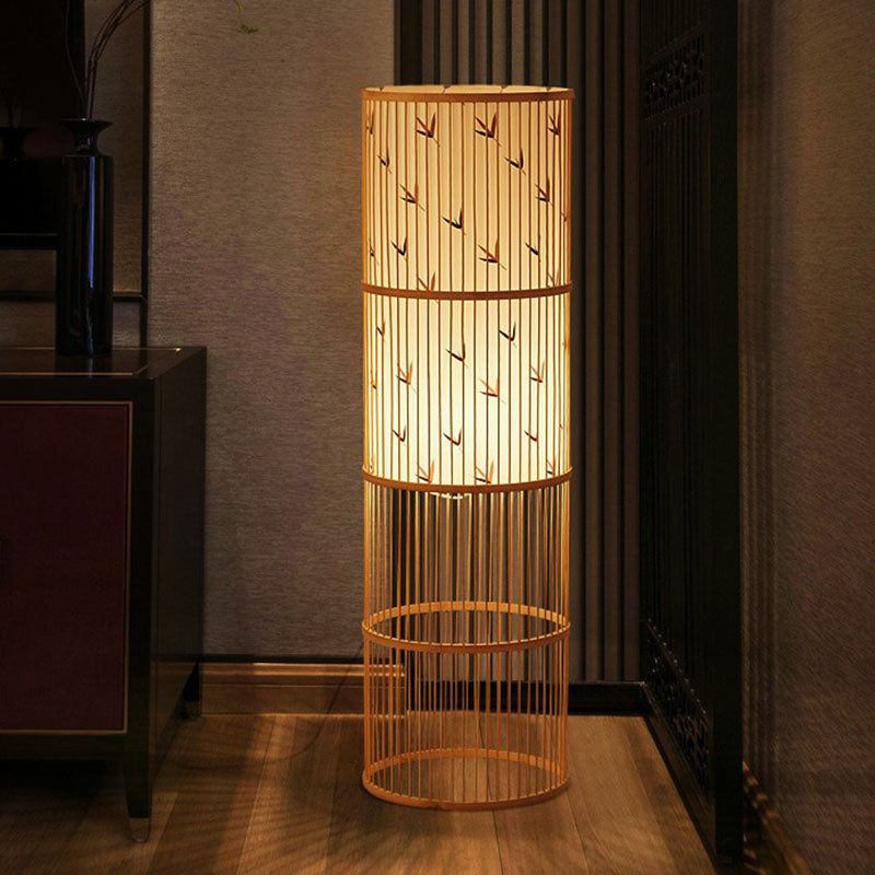 Contemporary Cylindrical Floor Lamp Bamboo Single Living Room Standing Lighting in Wood