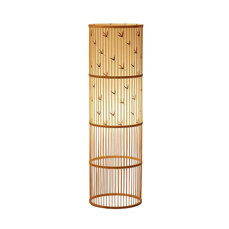 Contemporary Cylindrical Floor Lamp Bamboo Single Living Room Standing Lighting in Wood