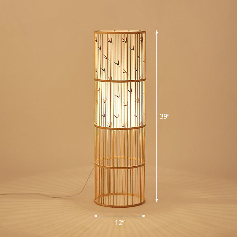 Contemporary Cylindrical Floor Lamp Bamboo Single Living Room Standing Lighting in Wood