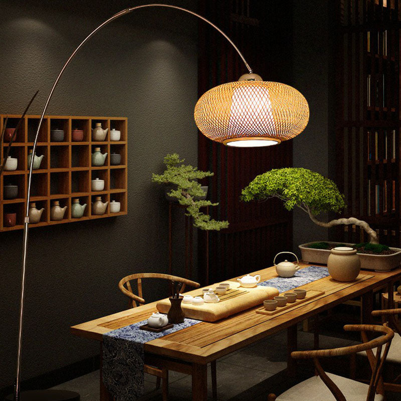 Lantern Tea Room Standing Light Bamboo 1 Bulb Minimalist Floor Lighting with Fishing Rod Arm in Wood