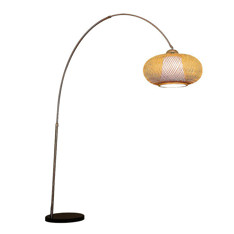 Lantern Tea Room Standing Light Bamboo 1 Bulb Minimalist Floor Lighting with Fishing Rod Arm in Wood