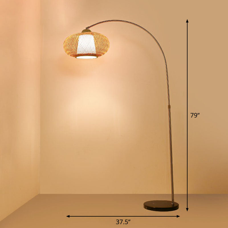 Lantern Tea Room Standing Light Bamboo 1 Bulb Minimalist Floor Lighting with Fishing Rod Arm in Wood