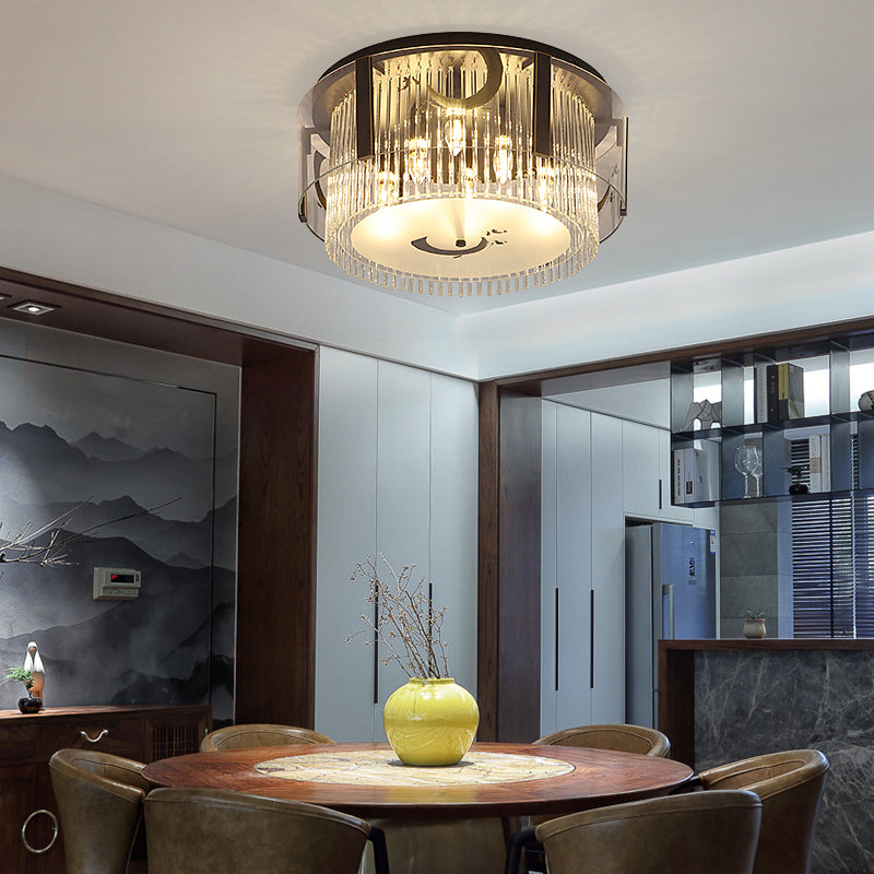 Chinese Style Double Tier Flush Lamp Clear Glass 4/5/6-Light Dining Room Ceiling Mounted Light, 16"/19.5"/23.5" Wide