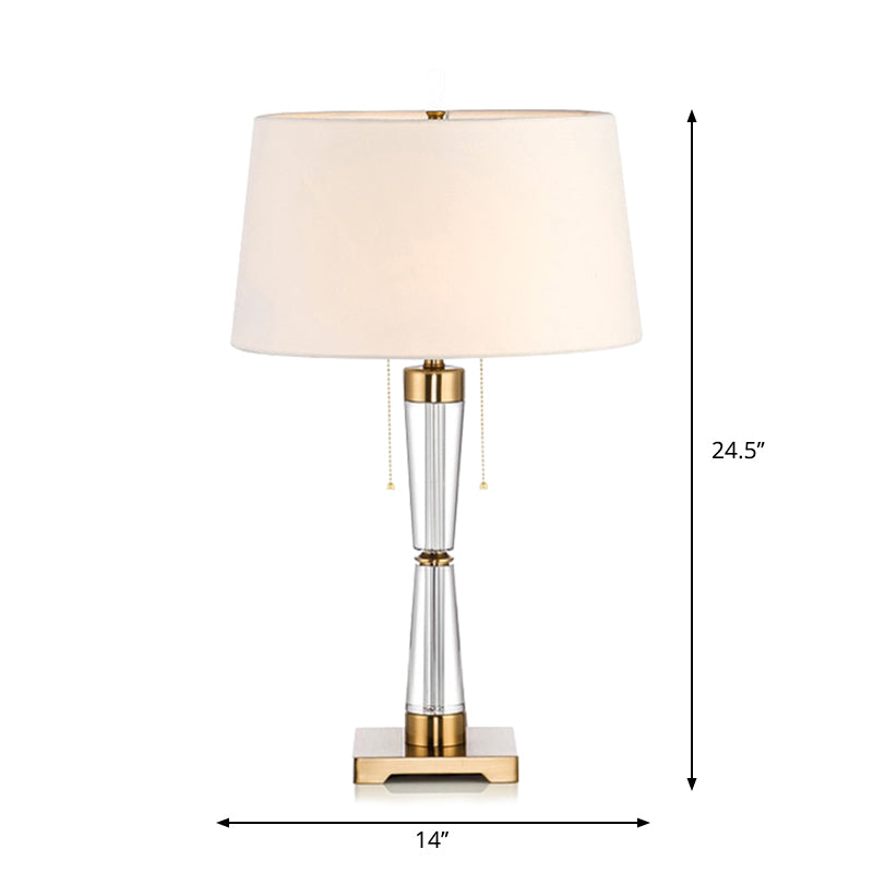 Modern Tapered Drum Table Lamp Fabric Single Bedside Nightstand Lighting with Hourglass Crystal Base in White