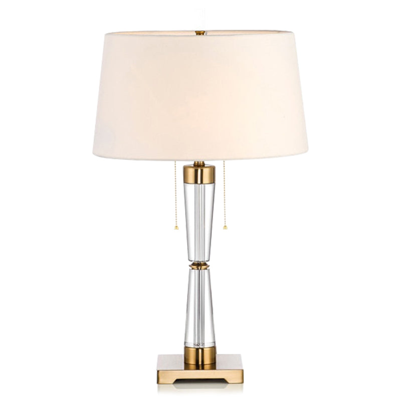 Modern Tapered Drum Table Lamp Fabric Single Bedside Nightstand Lighting with Hourglass Crystal Base in White