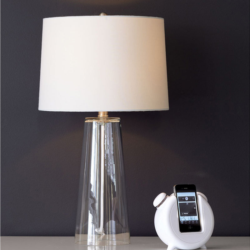 Tapered Table Lamp Modern Clear Handblown Glass Single Living Room Nightstand Lighting with Fabric Shade in White