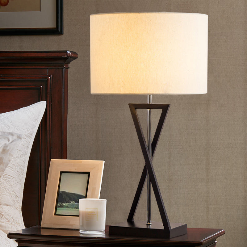 Drum Nightstand Lamp Simplicity Fabric 1-Light Bedside Table Light with Hourglass Shaped Base in White