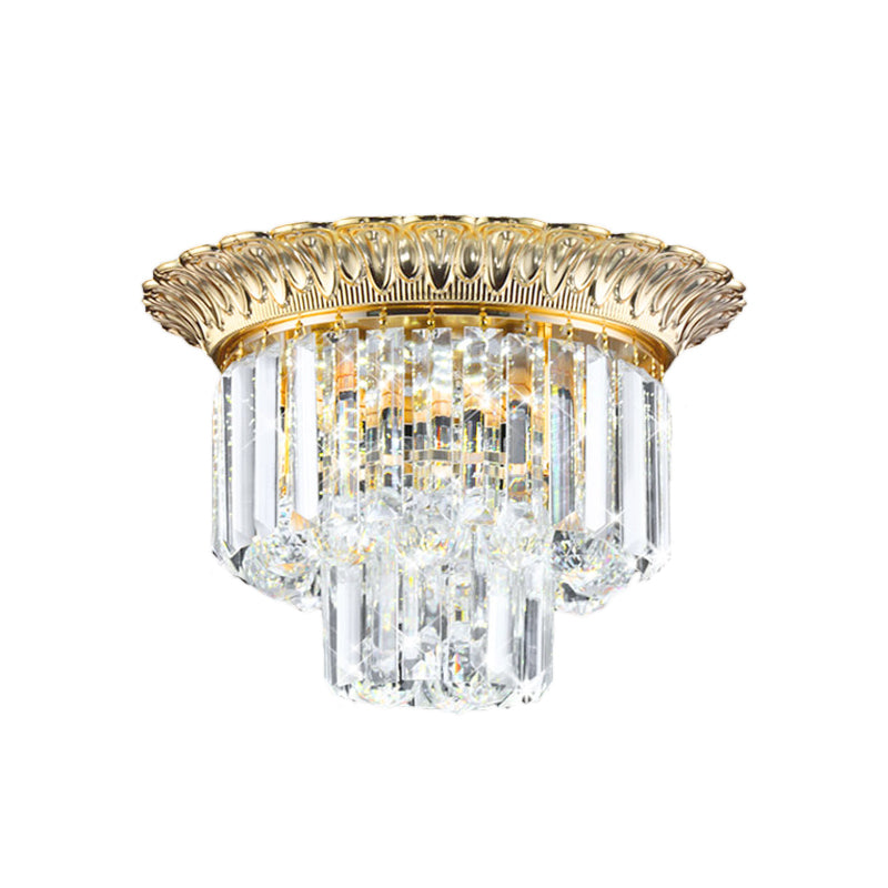 2 Tiers Faceted Crystal Flush Light Minimalist 14"/16" W LED Golden Indoor Ceiling Lighting